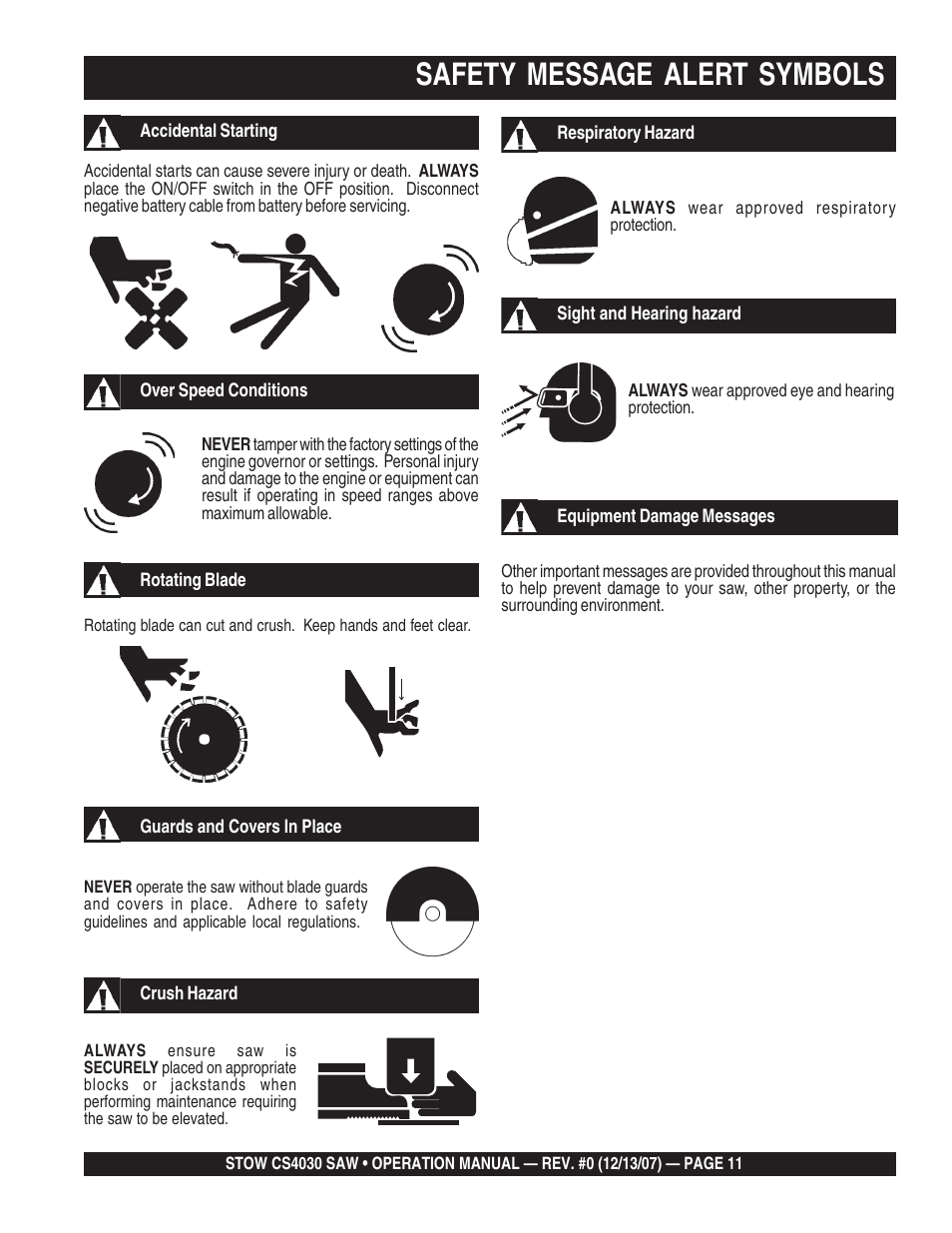 Safety message alert symbols | Multiquip CS403030 User Manual | Page 11 / 62
