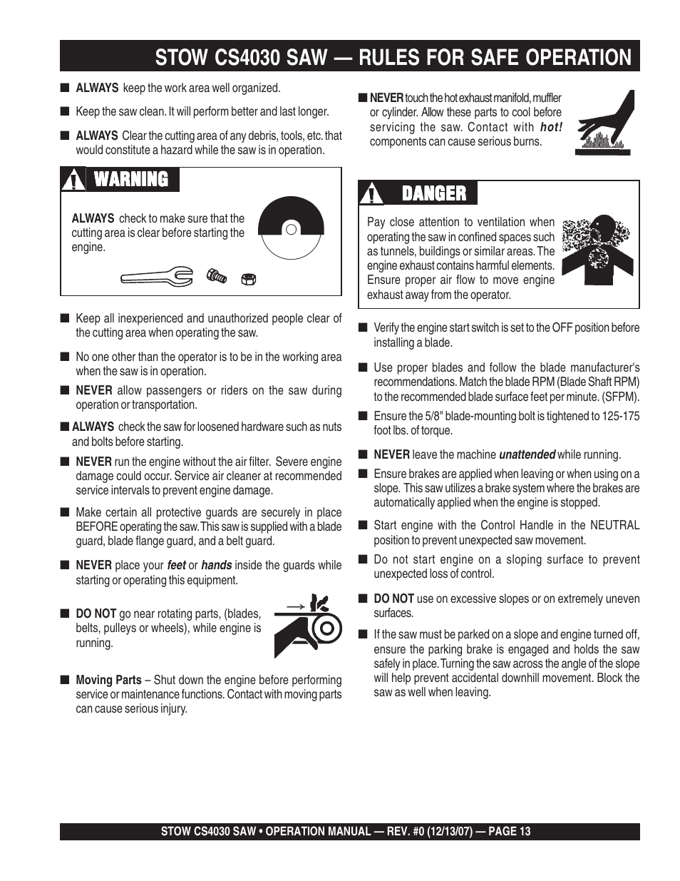 Stow cs4030 saw — rules for safe operation, Danger, Warning | Multiquip CS403030 User Manual | Page 13 / 62