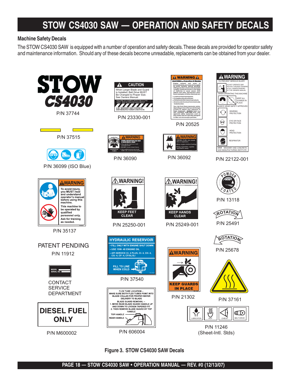 Stow cs4030 saw — operation and safety decals, Patent pending, Warning | Caution | Multiquip CS403030 User Manual | Page 18 / 62