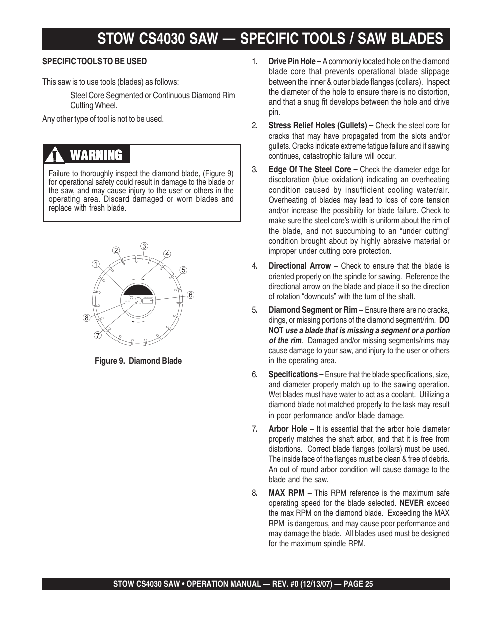 Stow cs4030 saw — specific tools / saw blades, Warning | Multiquip CS403030 User Manual | Page 25 / 62