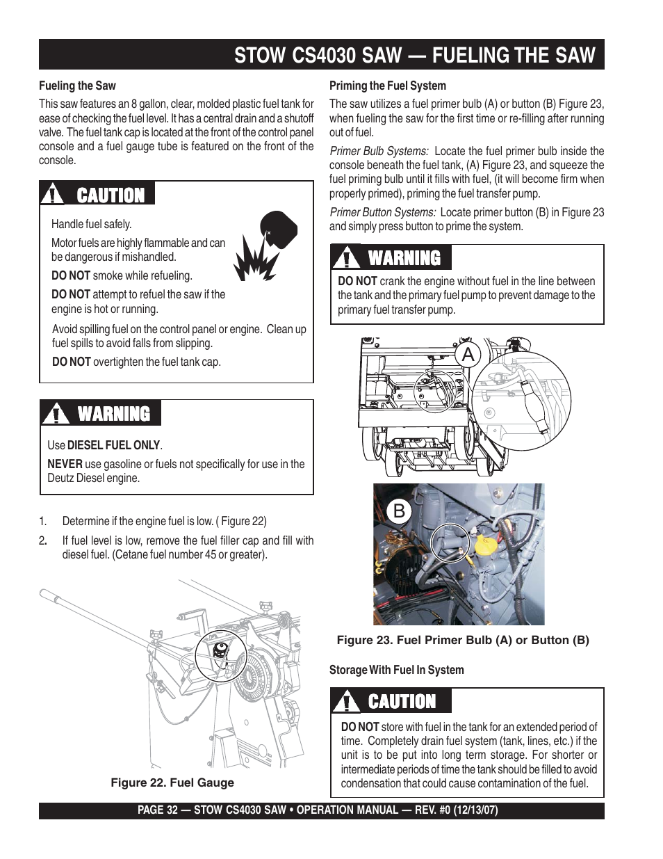 Stow cs4030 saw — fueling the saw, Caution, Warning | Multiquip CS403030 User Manual | Page 32 / 62