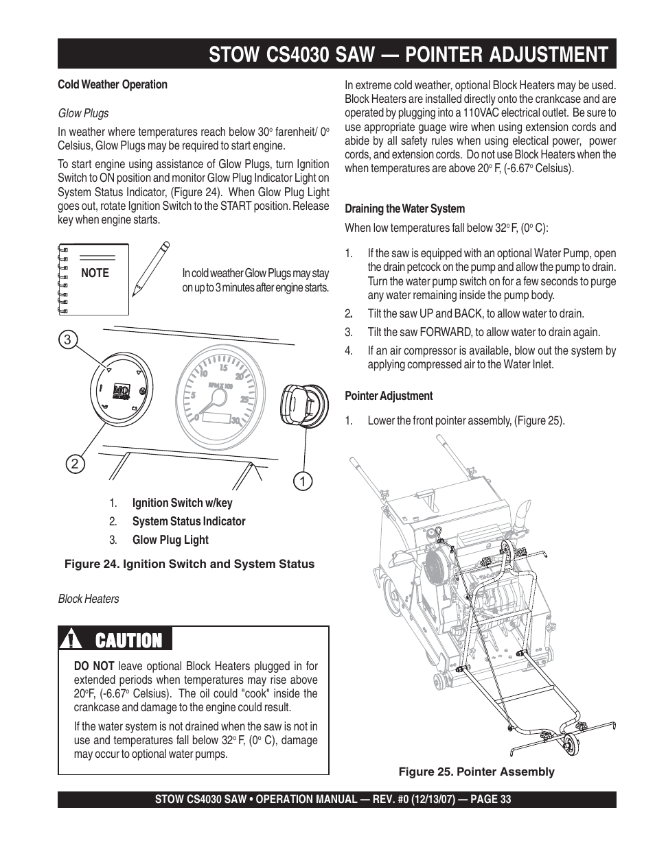Stow cs4030 saw — pointer adjustment, Caution | Multiquip CS403030 User Manual | Page 33 / 62