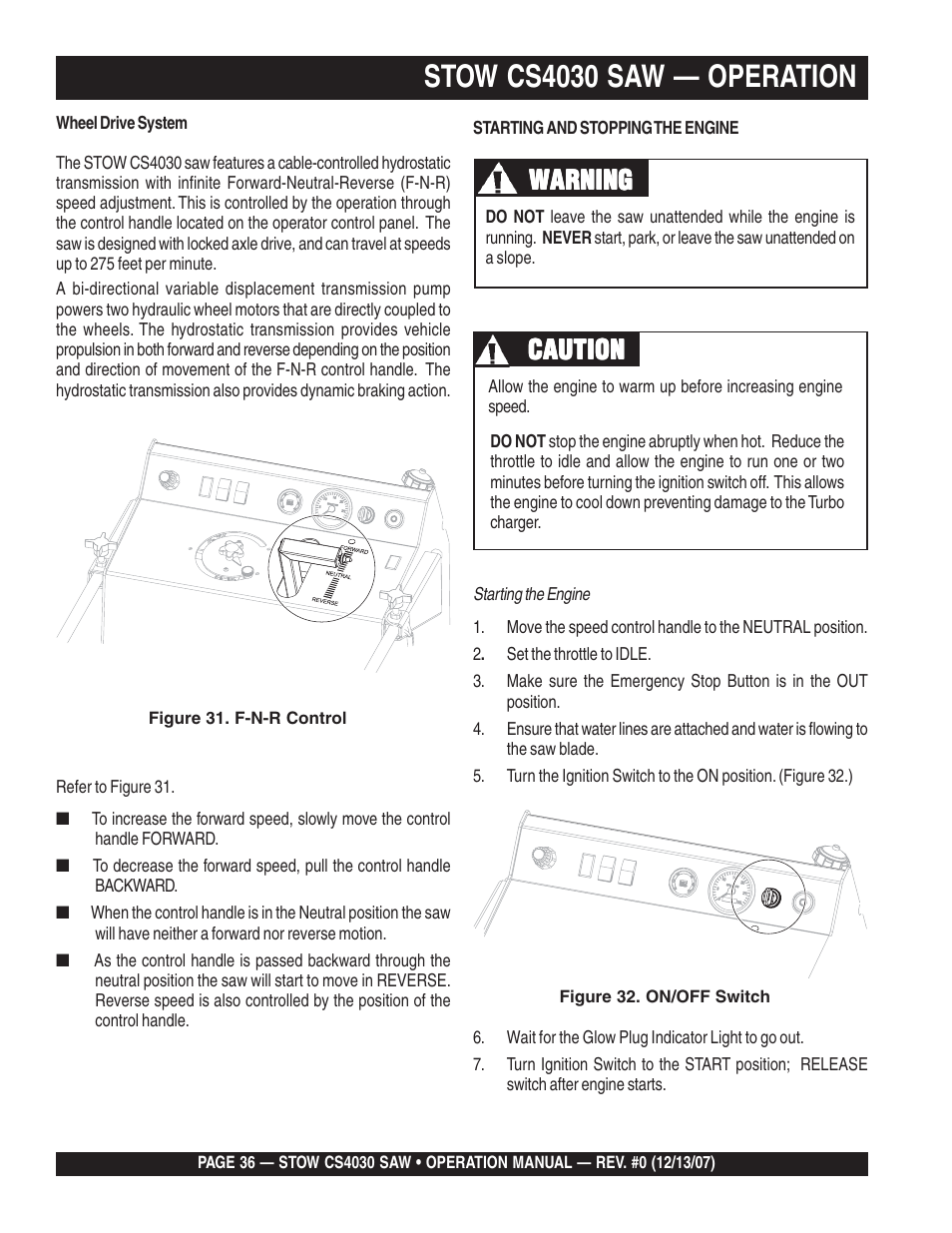 Stow cs4030 saw — operation, Warning, Caution | Multiquip CS403030 User Manual | Page 36 / 62