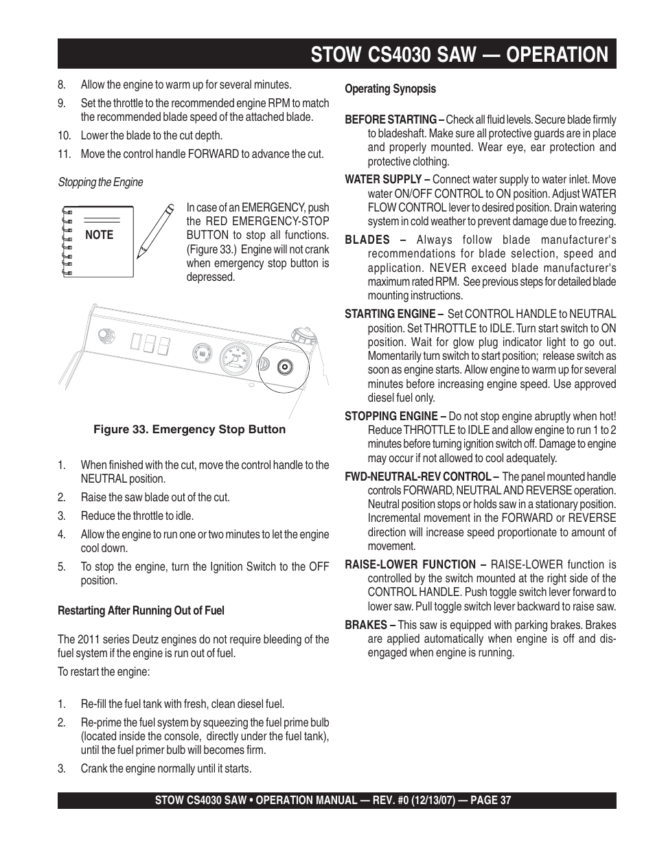 Stow cs4030 saw — operation | Multiquip CS403030 User Manual | Page 37 / 62