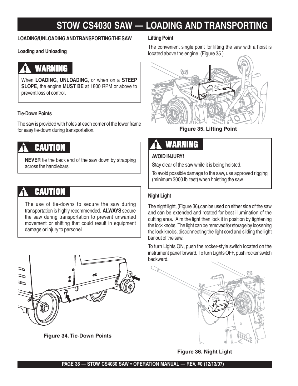 Stow cs4030 saw — loading and transporting, Warning, Caution | Multiquip CS403030 User Manual | Page 38 / 62