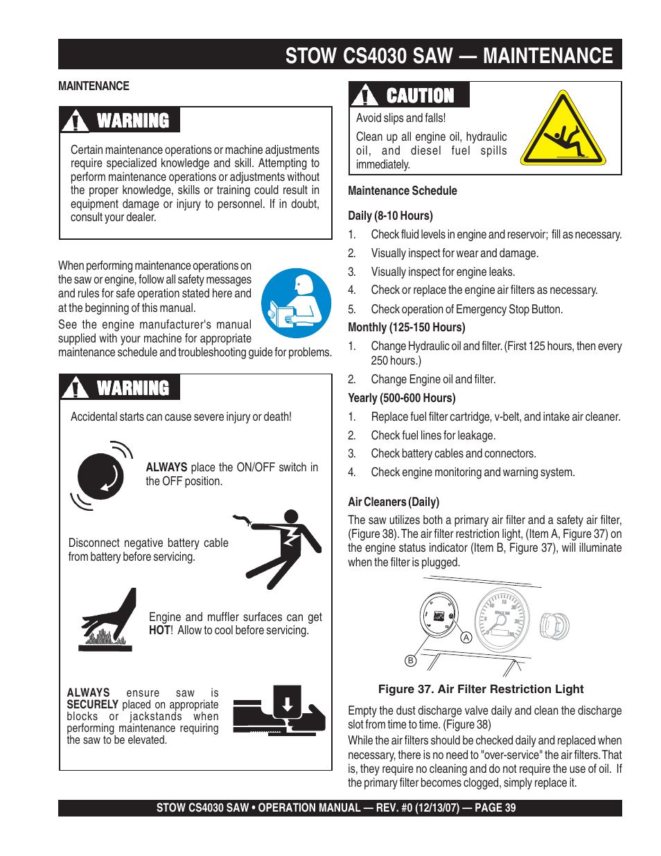 Stow cs4030 saw — maintenance, Warning, Caution | Multiquip CS403030 User Manual | Page 39 / 62