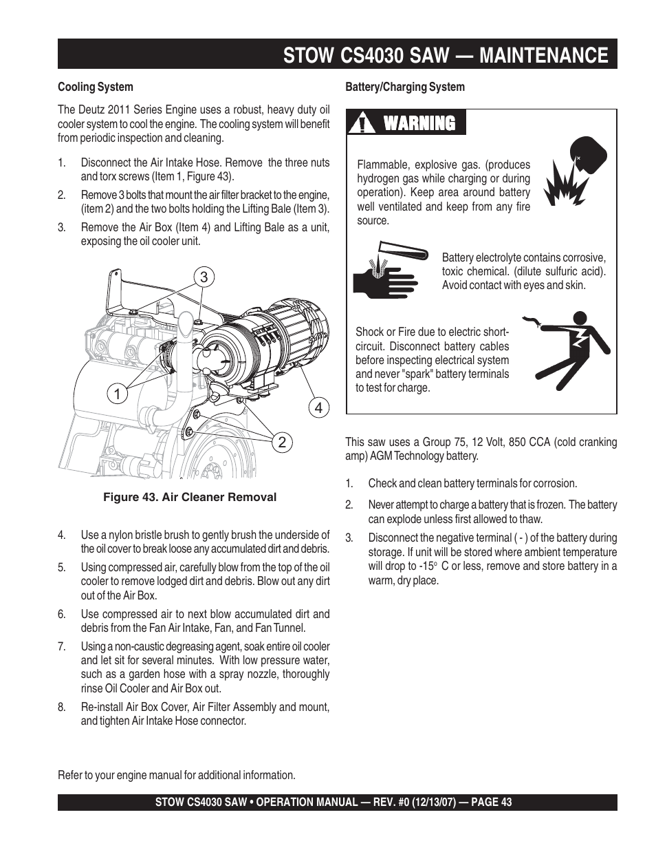 Stow cs4030 saw — maintenance, Warning | Multiquip CS403030 User Manual | Page 43 / 62