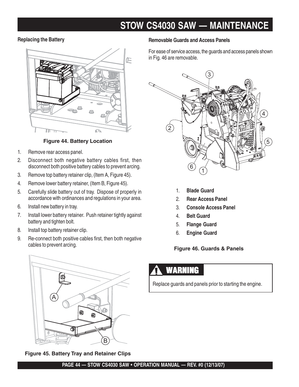 Stow cs4030 saw — maintenance, Warning | Multiquip CS403030 User Manual | Page 44 / 62