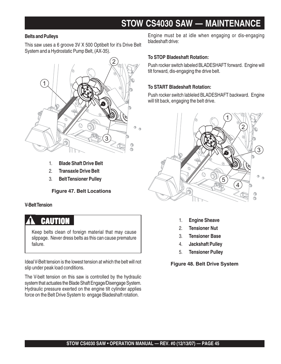 Stow cs4030 saw — maintenance, Caution | Multiquip CS403030 User Manual | Page 45 / 62