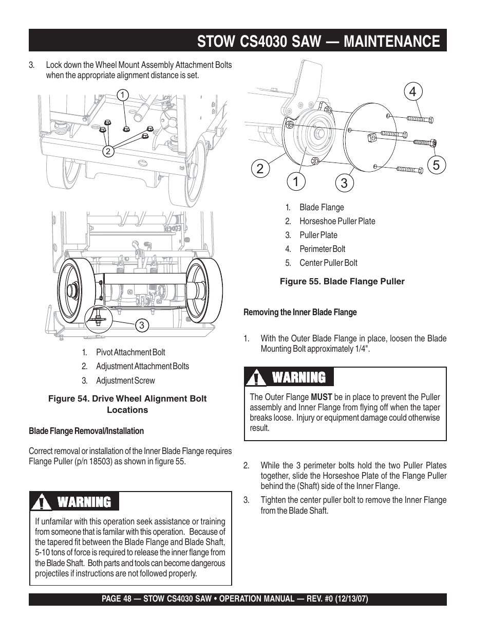 Stow cs4030 saw — maintenance, Warning | Multiquip CS403030 User Manual | Page 48 / 62