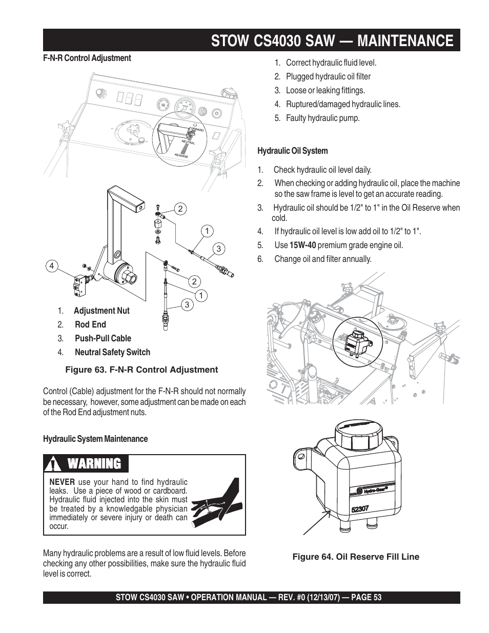 Stow cs4030 saw — maintenance, Warning | Multiquip CS403030 User Manual | Page 53 / 62