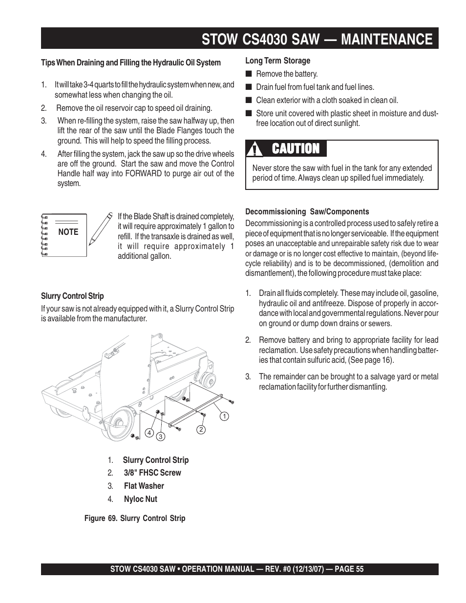 Stow cs4030 saw — maintenance, Caution | Multiquip CS403030 User Manual | Page 55 / 62