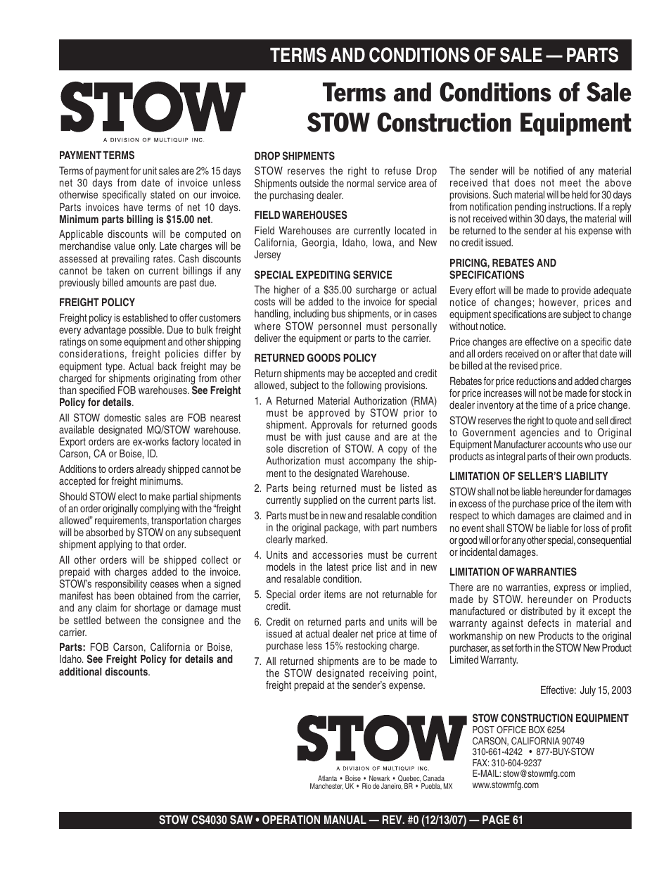 Terms and conditions of sale — parts | Multiquip CS403030 User Manual | Page 61 / 62