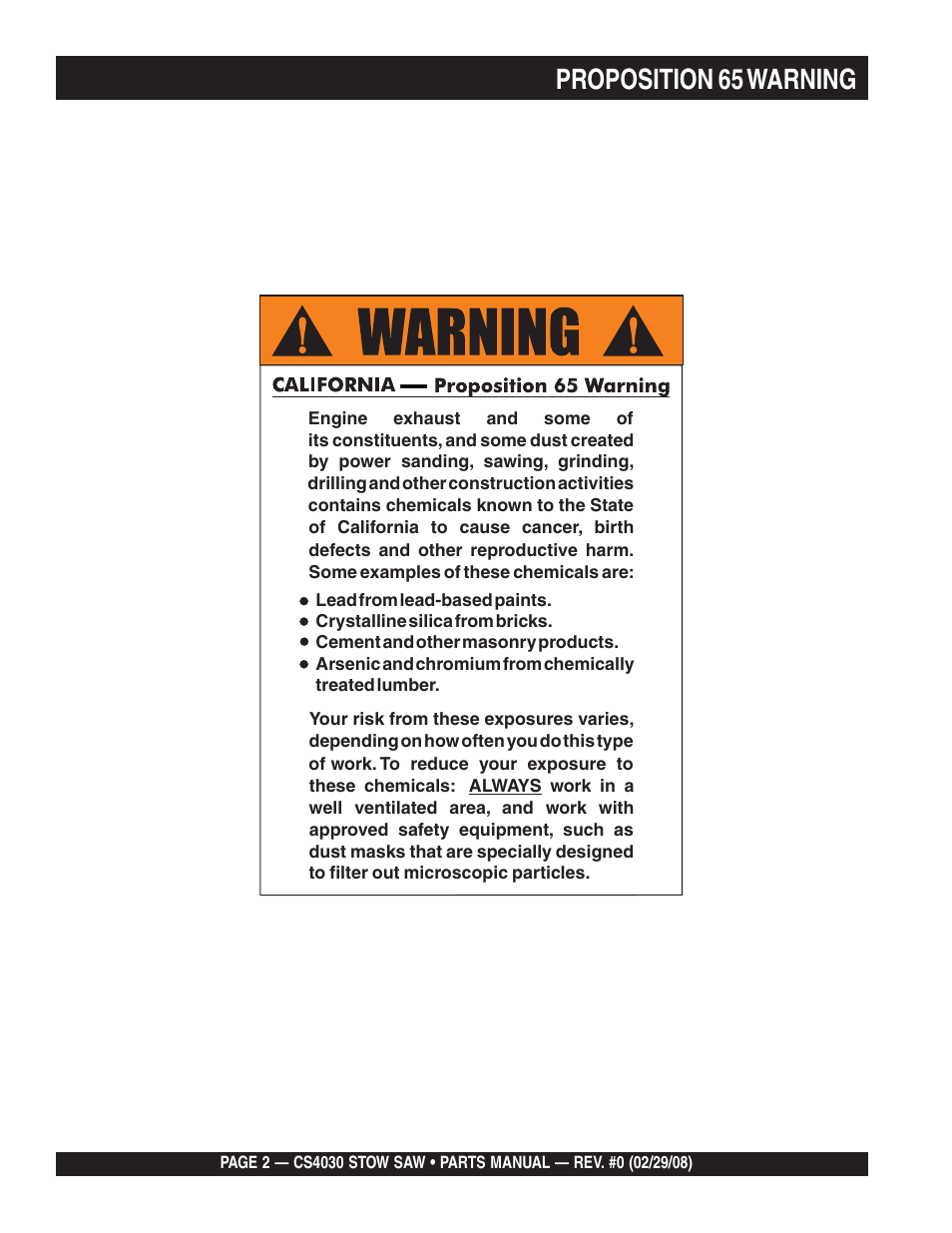 Proposition 65 warning | Multiquip CS403030 User Manual | Page 2 / 66
