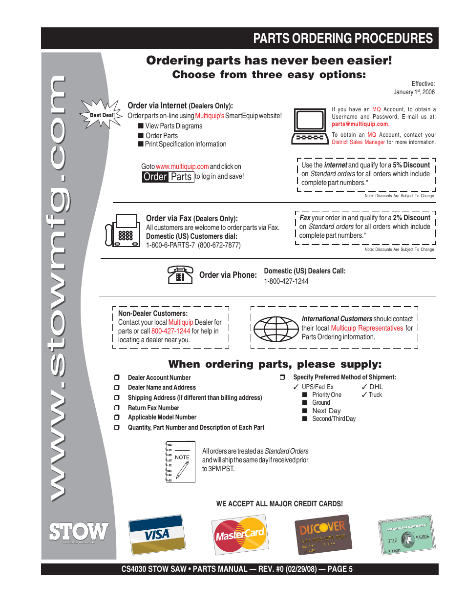 Parts ordering procedures, Ordering parts has never been easier, Choose from three easy options | When ordering parts, please supply, Order parts | Multiquip CS403030 User Manual | Page 5 / 66