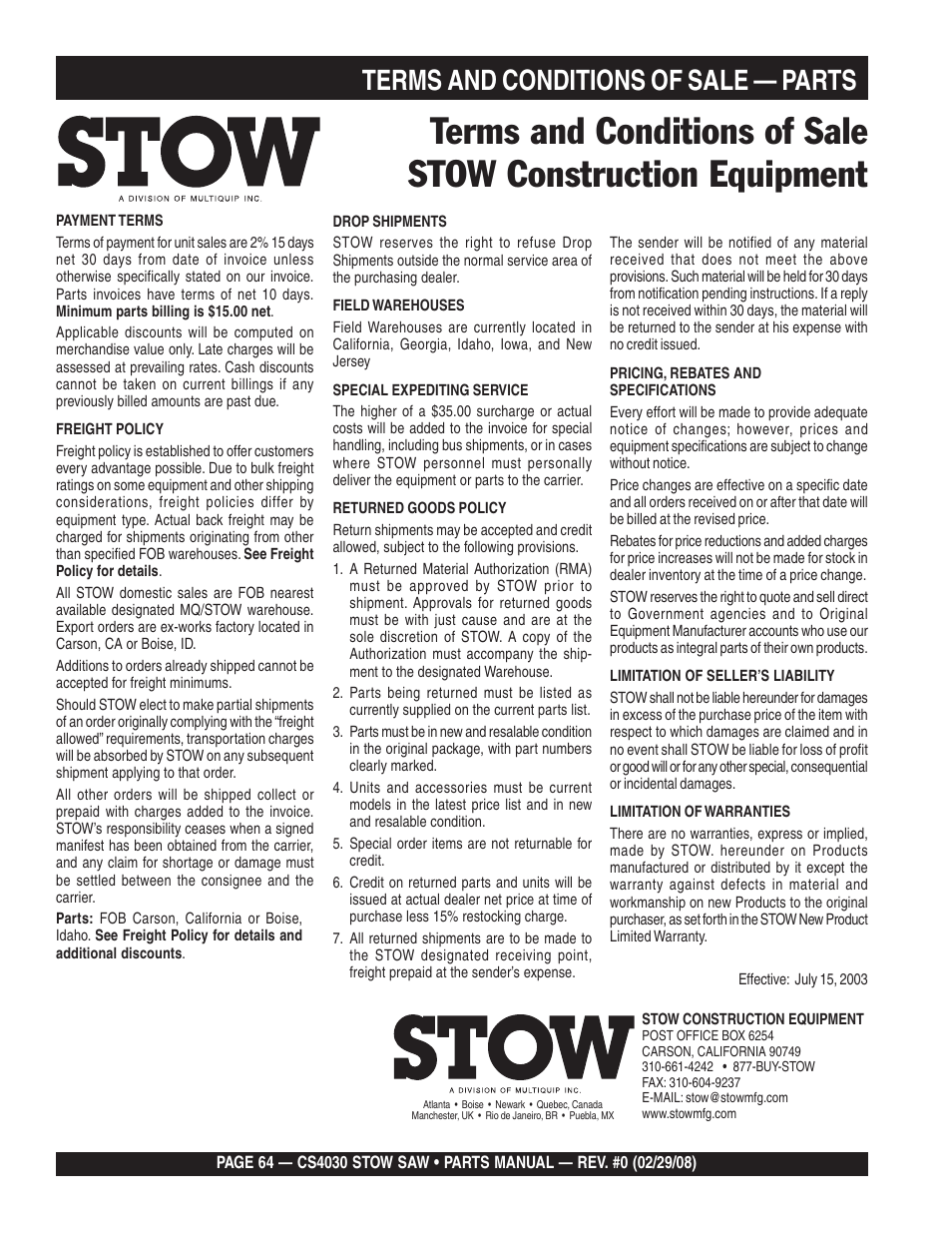 Terms and conditions of sale — parts | Multiquip CS403030 User Manual | Page 64 / 66