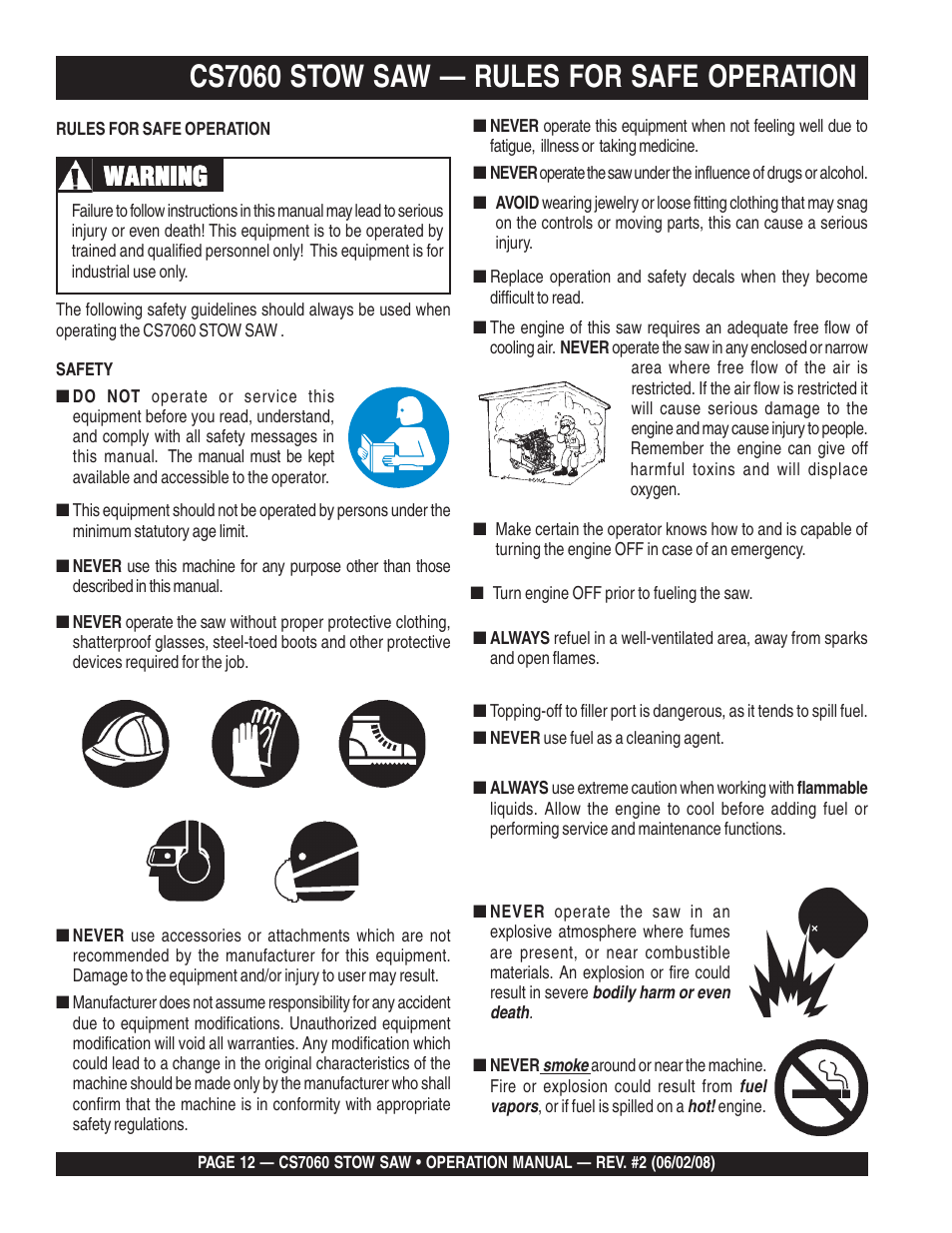Cs7060 stow saw — rules for safe operation, Warning | Multiquip CS706036 User Manual | Page 12 / 66