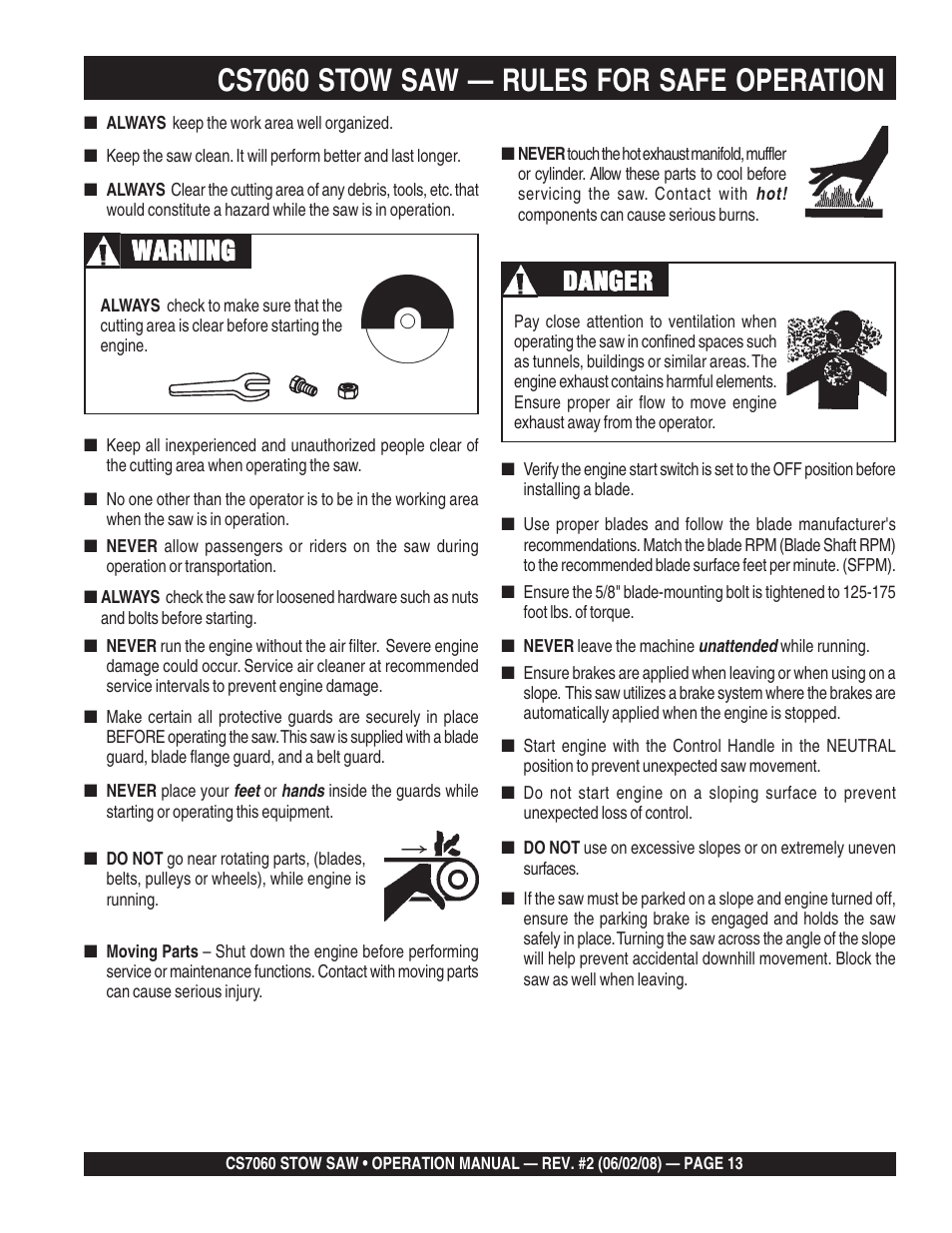 Cs7060 stow saw — rules for safe operation, Danger, Warning | Multiquip CS706036 User Manual | Page 13 / 66