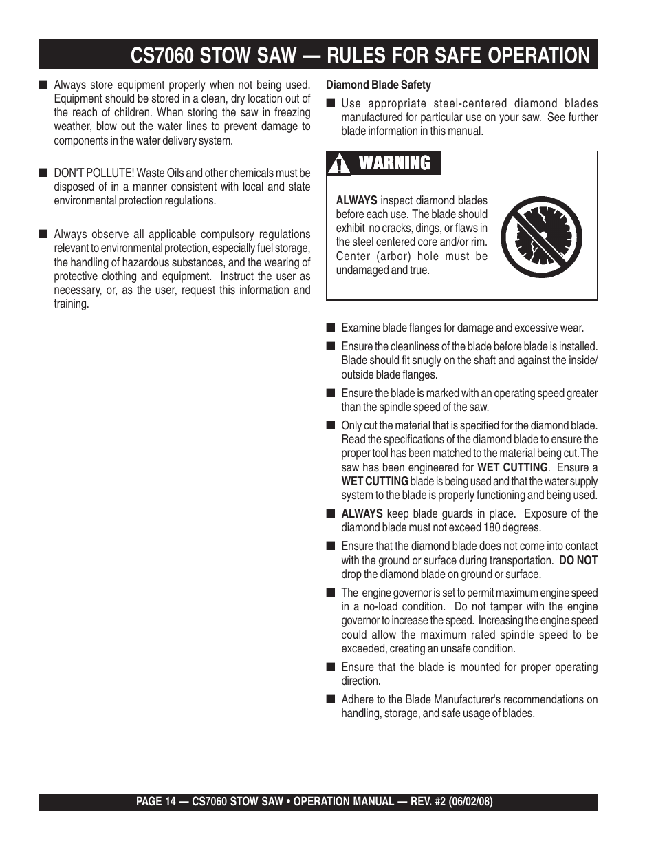 Cs7060 stow saw — rules for safe operation, Warning | Multiquip CS706036 User Manual | Page 14 / 66