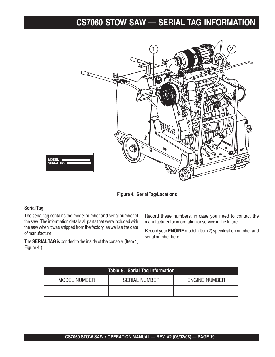 Cs7060 stow saw — serial tag information | Multiquip CS706036 User Manual | Page 19 / 66