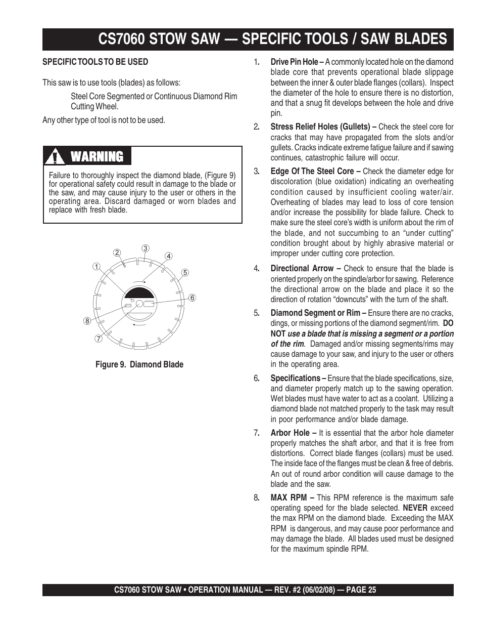 Cs7060 stow saw — specific tools / saw blades, Warning | Multiquip CS706036 User Manual | Page 25 / 66