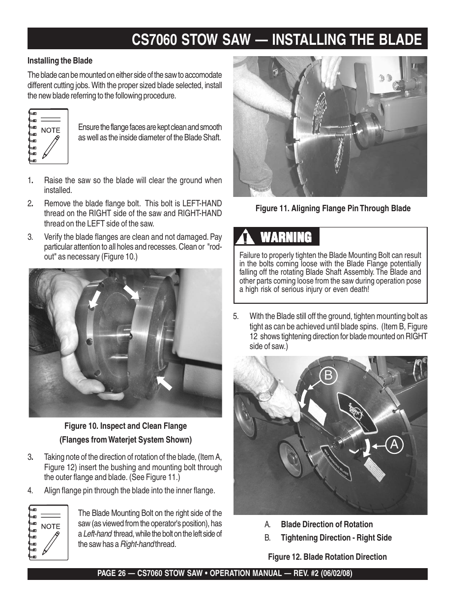 Cs7060 stow saw — installing the blade, Warning | Multiquip CS706036 User Manual | Page 26 / 66