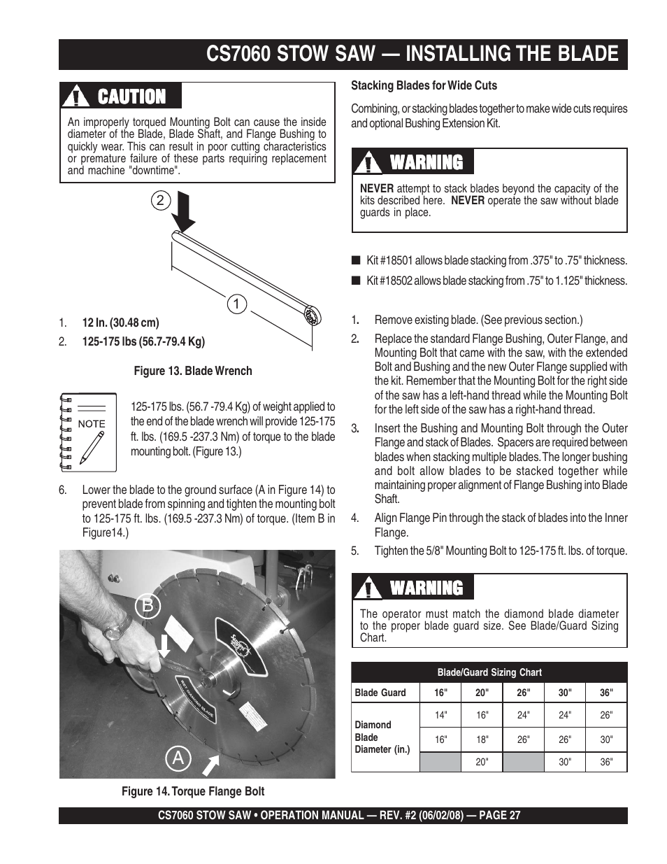 Cs7060 stow saw — installing the blade, Caution, Warning | Multiquip CS706036 User Manual | Page 27 / 66