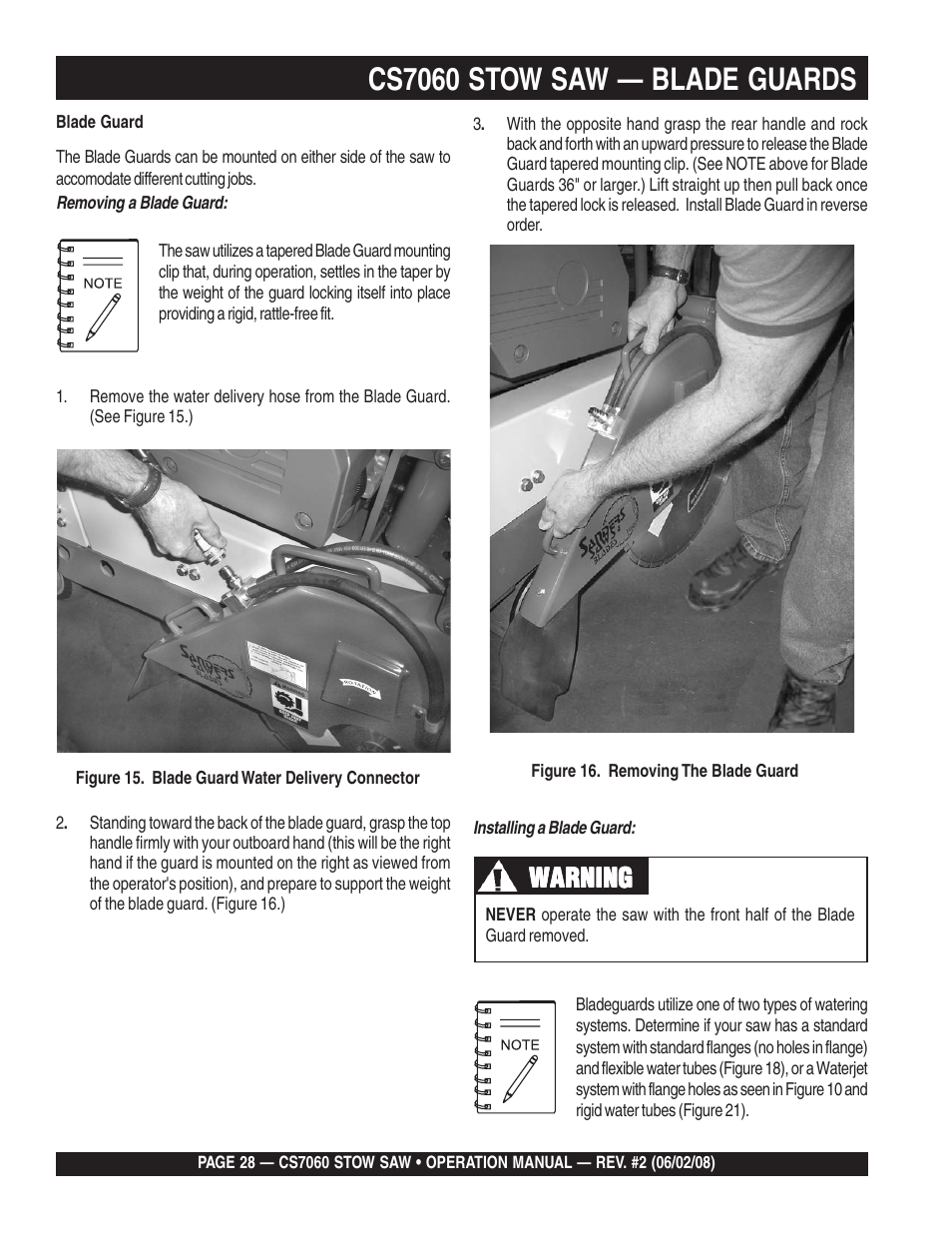 Cs7060 stow saw — blade guards, Warning | Multiquip CS706036 User Manual | Page 28 / 66