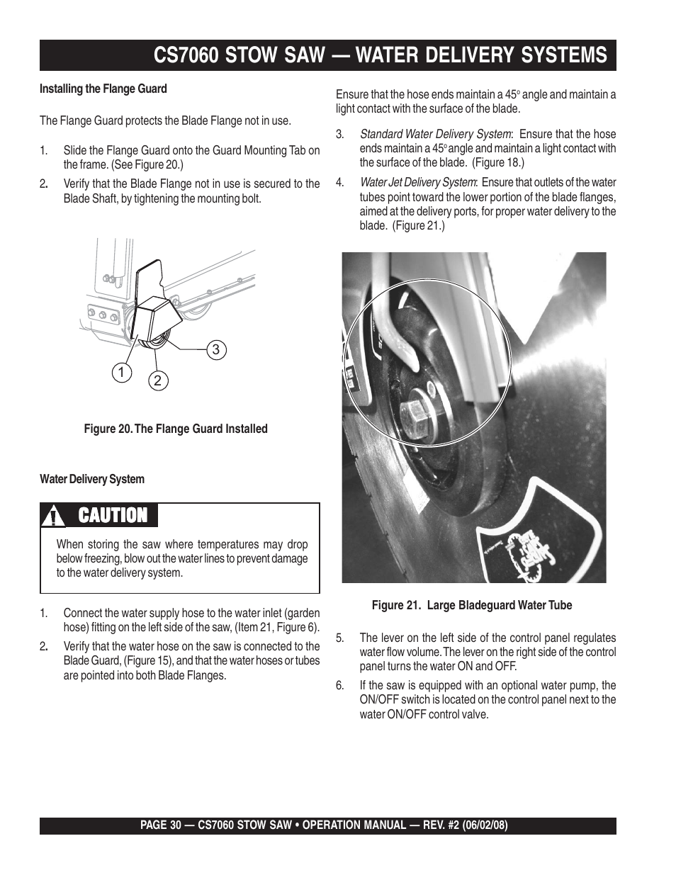 Cs7060 stow saw — water delivery systems, Caution | Multiquip CS706036 User Manual | Page 30 / 66