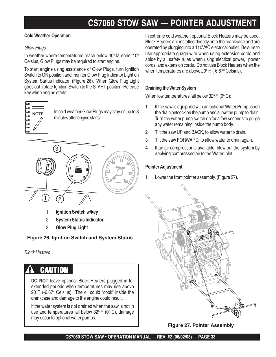 Cs7060 stow saw — pointer adjustment, Caution | Multiquip CS706036 User Manual | Page 33 / 66