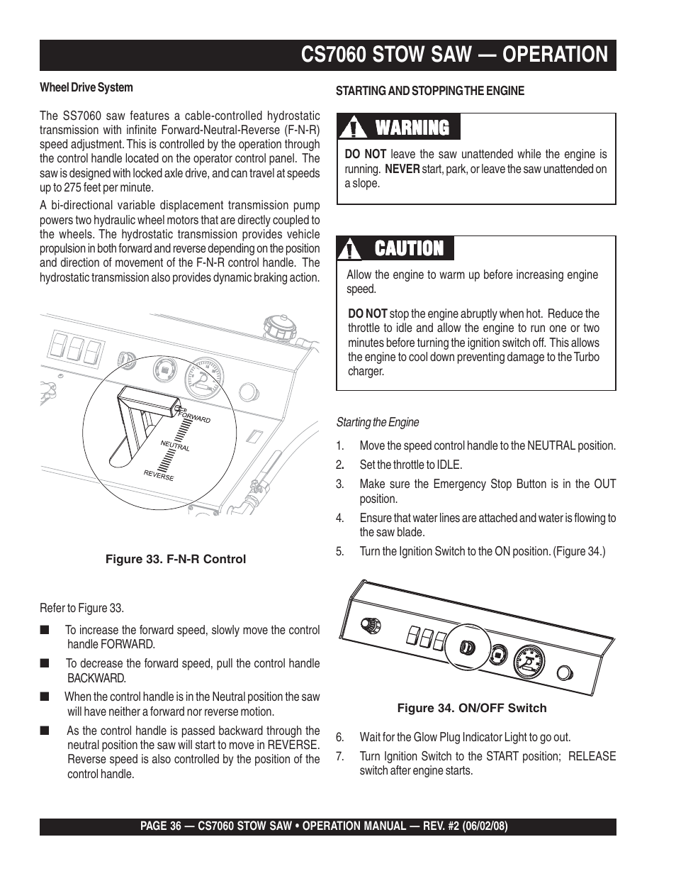 Cs7060 stow saw — operation, Warning, Caution | Multiquip CS706036 User Manual | Page 36 / 66