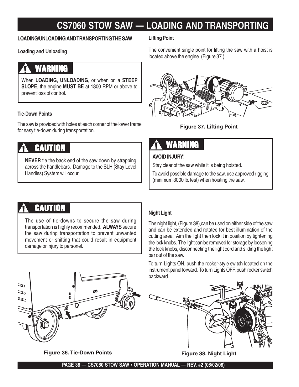 Cs7060 stow saw — loading and transporting, Warning, Caution | Multiquip CS706036 User Manual | Page 38 / 66