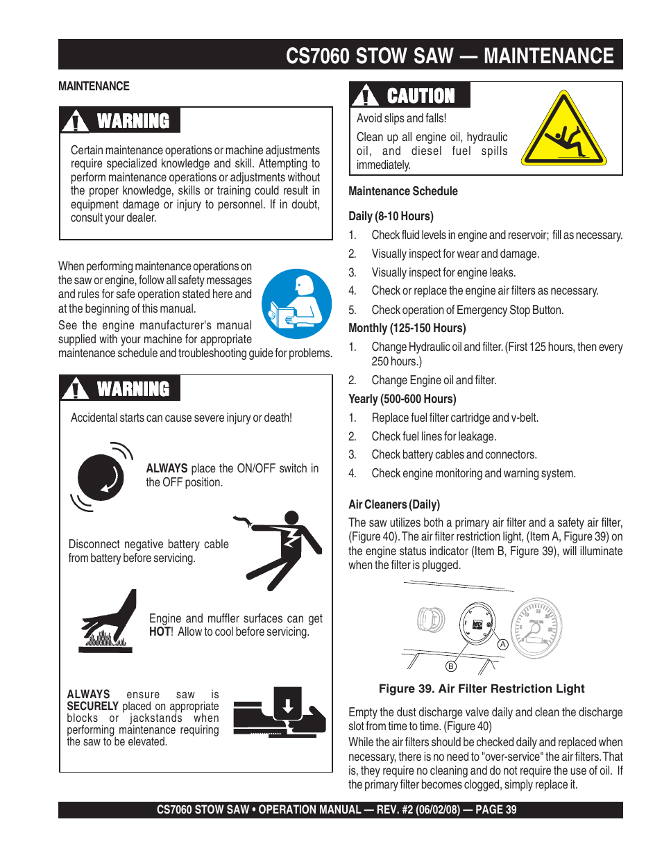 Cs7060 stow saw — maintenance, Warning, Caution | Multiquip CS706036 User Manual | Page 39 / 66