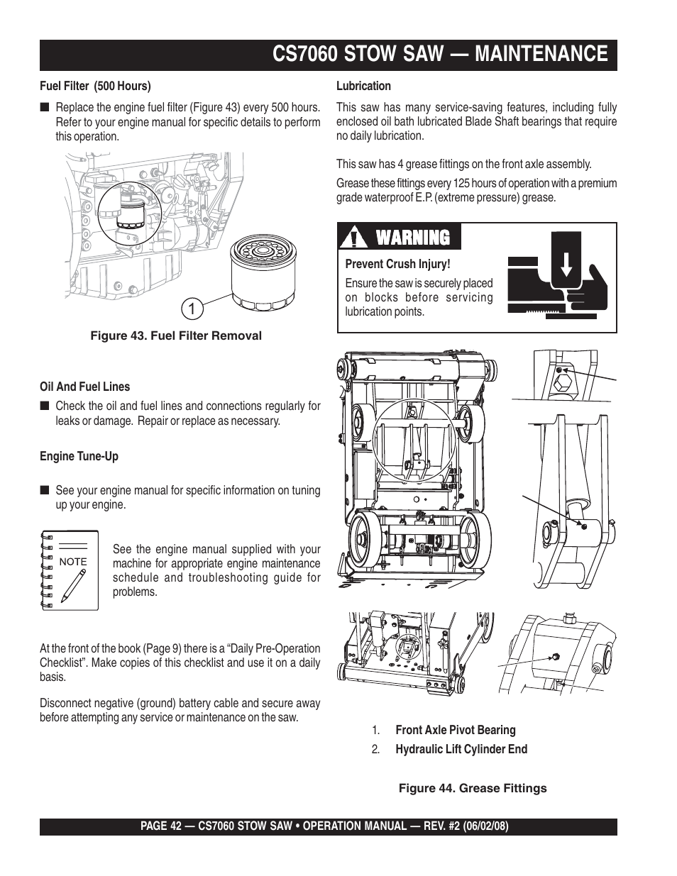 Cs7060 stow saw — maintenance, Warning | Multiquip CS706036 User Manual | Page 42 / 66