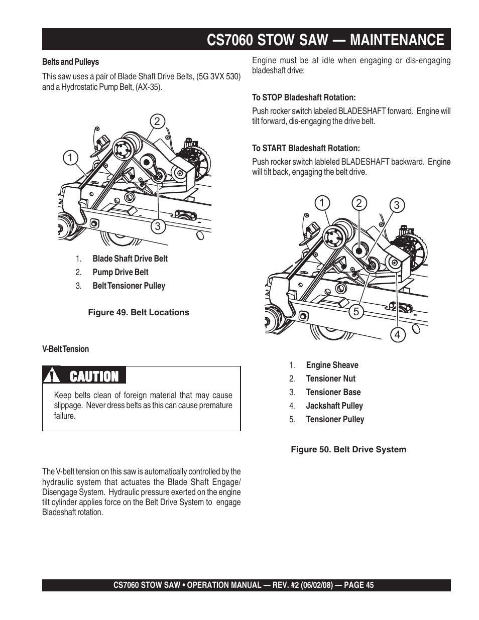 Cs7060 stow saw — maintenance, Caution | Multiquip CS706036 User Manual | Page 45 / 66