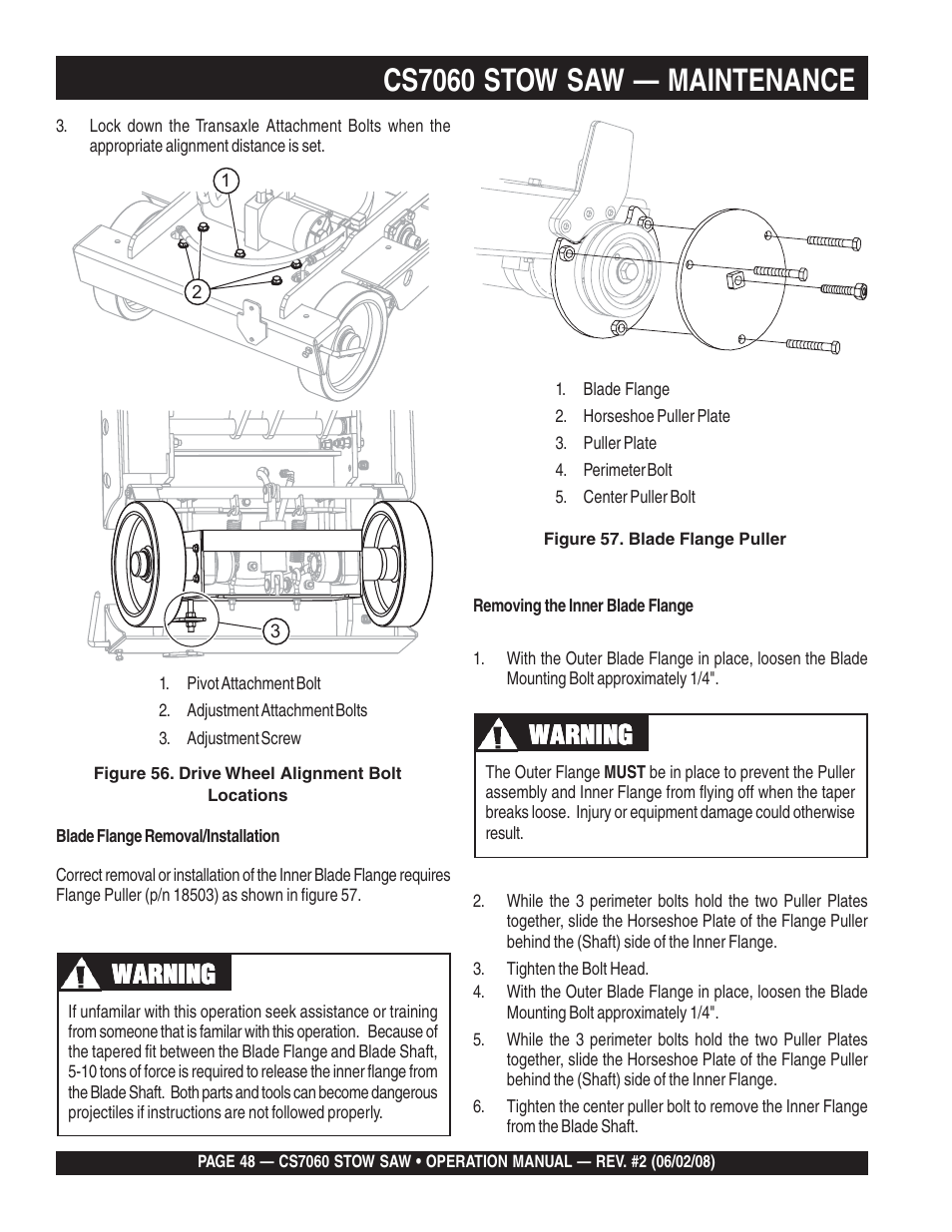 Cs7060 stow saw — maintenance, Warning | Multiquip CS706036 User Manual | Page 48 / 66