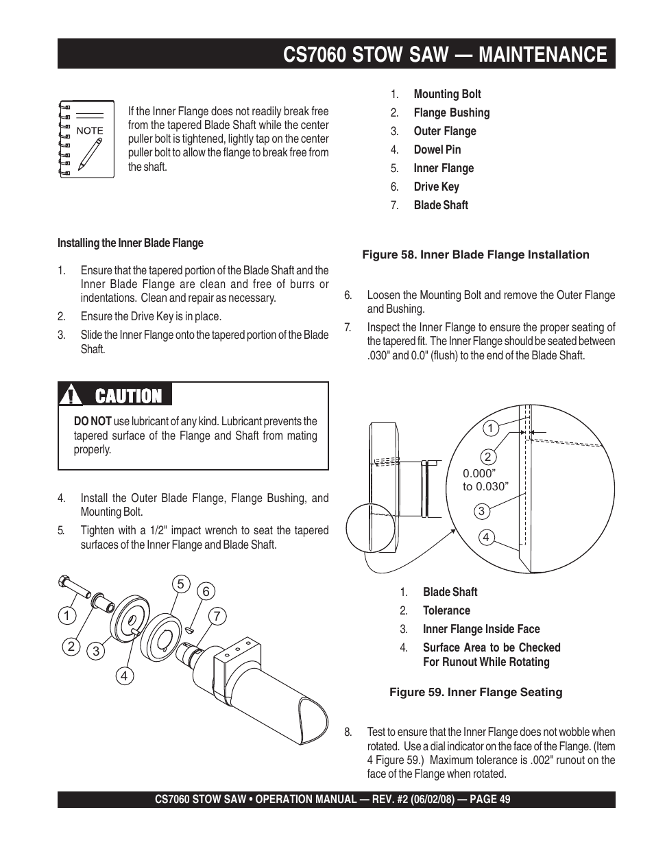 Cs7060 stow saw — maintenance, Caution | Multiquip CS706036 User Manual | Page 49 / 66