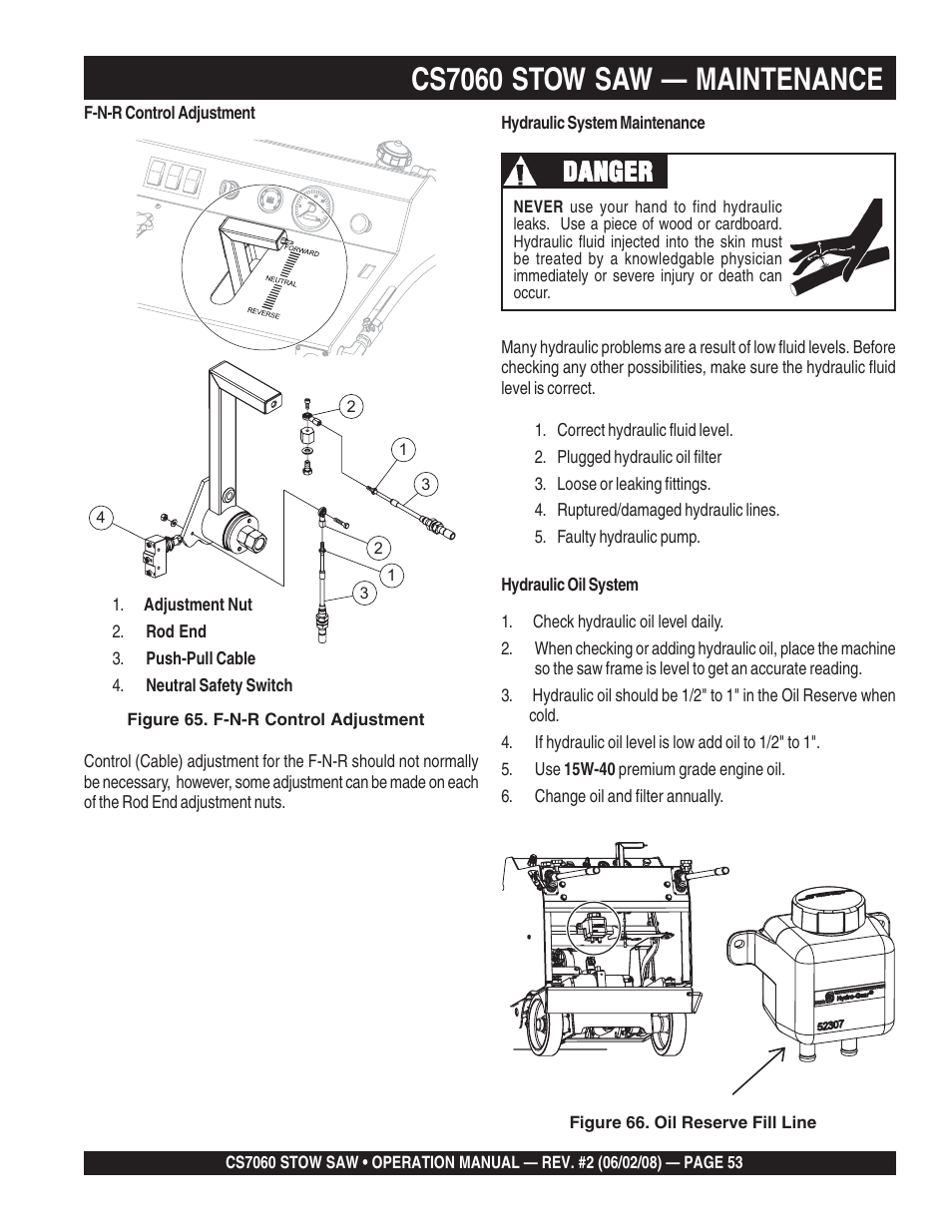 Cs7060 stow saw — maintenance, Danger | Multiquip CS706036 User Manual | Page 53 / 66
