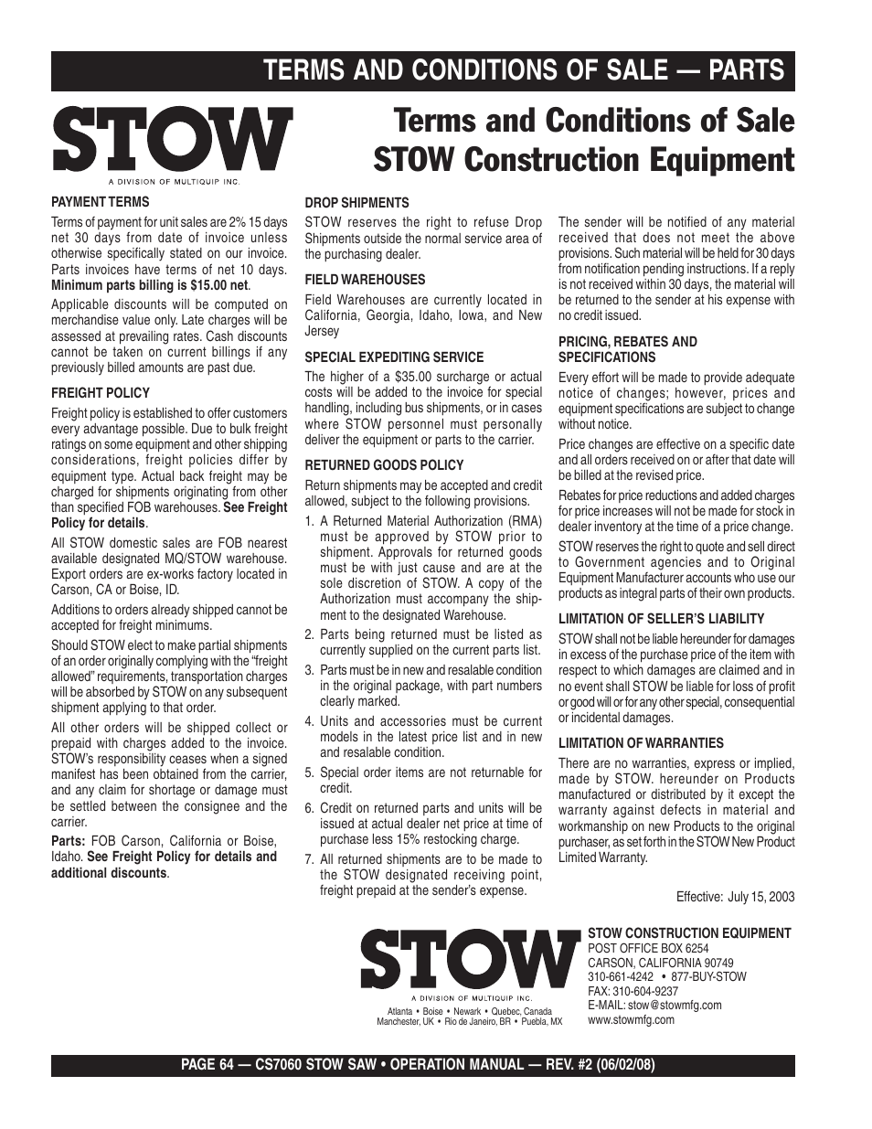 Terms and conditions of sale — parts | Multiquip CS706036 User Manual | Page 64 / 66