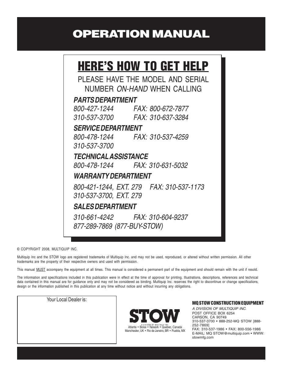Here’s how to get help, Operation manual | Multiquip CS706036 User Manual | Page 66 / 66