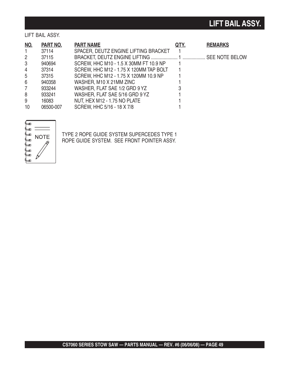 Lift bail assy | Multiquip CS706036 User Manual | Page 49 / 82