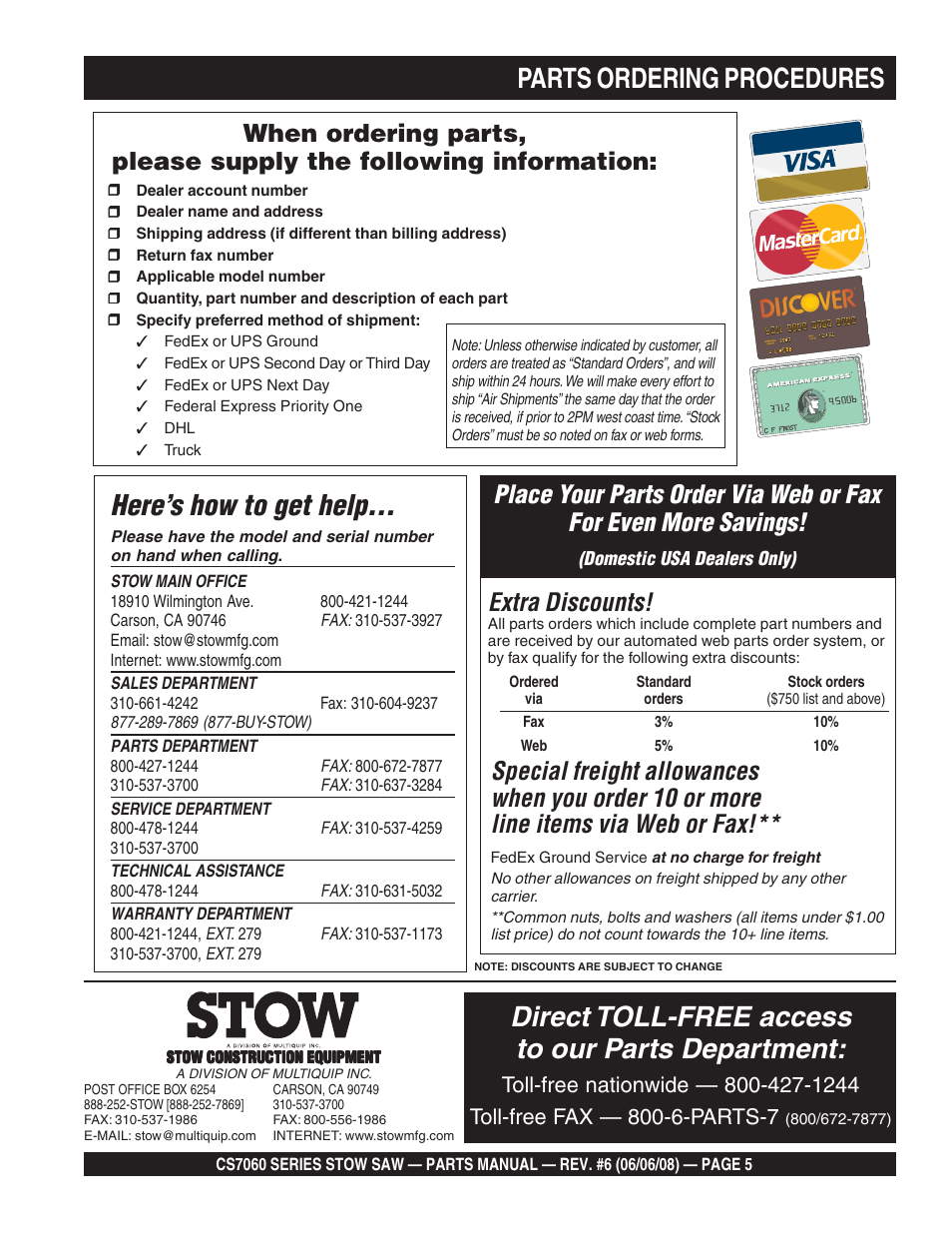 Parts ordering procedures, Here’s how to get help, Direct toll-free access to our parts department | Extra discounts | Multiquip CS706036 User Manual | Page 5 / 82