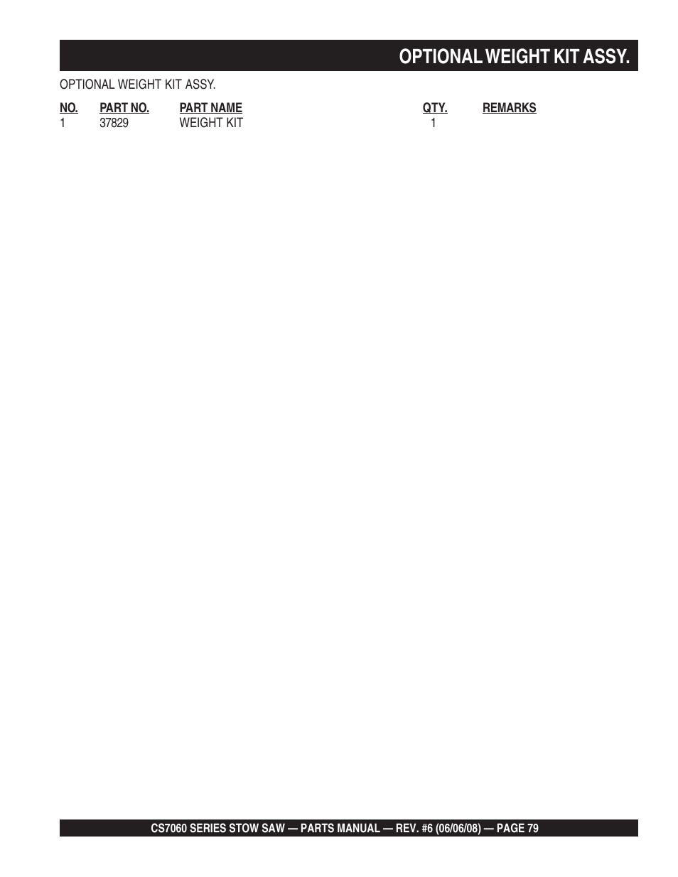 Optional weight kit assy | Multiquip CS706036 User Manual | Page 79 / 82