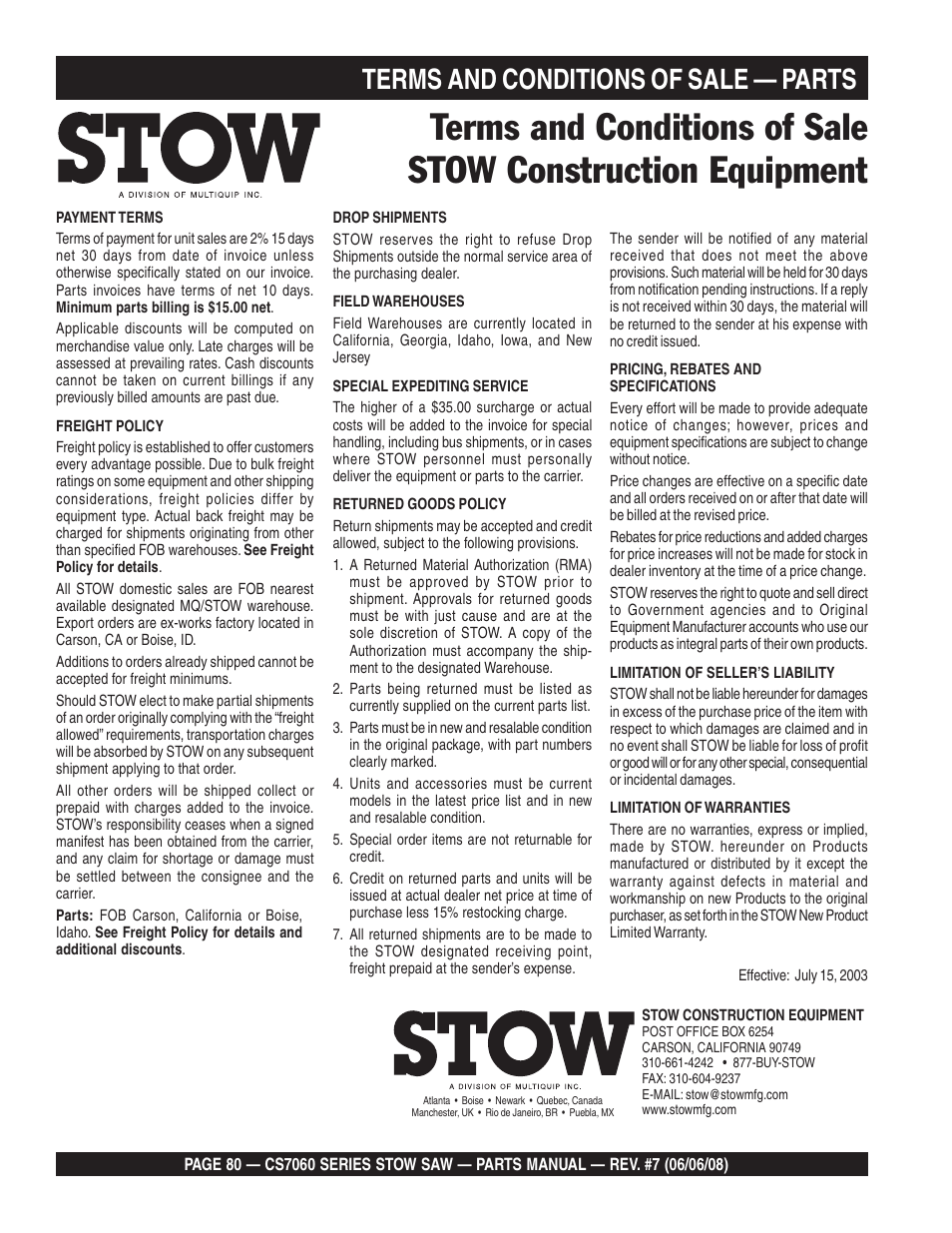 Terms and conditions of sale — parts | Multiquip CS706036 User Manual | Page 80 / 82