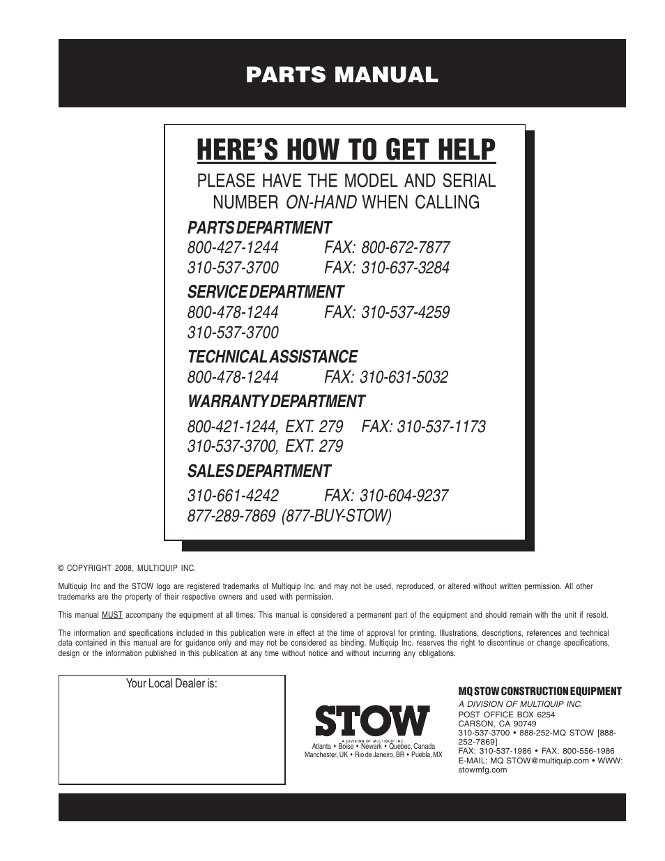 Here’s how to get help, Parts manual | Multiquip CS706036 User Manual | Page 82 / 82