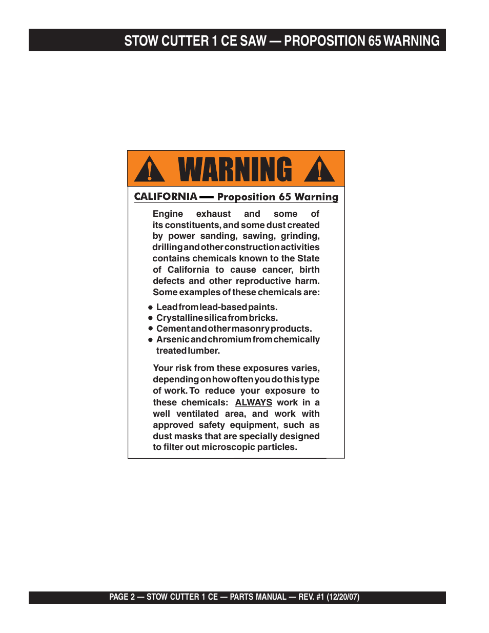 Stow cutter 1 ce saw — proposition 65 warning | Multiquip CD6CE13H18 User Manual | Page 2 / 54