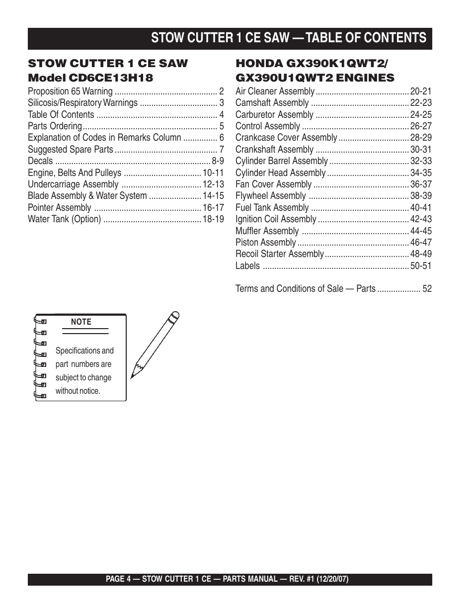 Stow cutter 1 ce saw — table of contents | Multiquip CD6CE13H18 User Manual | Page 4 / 54