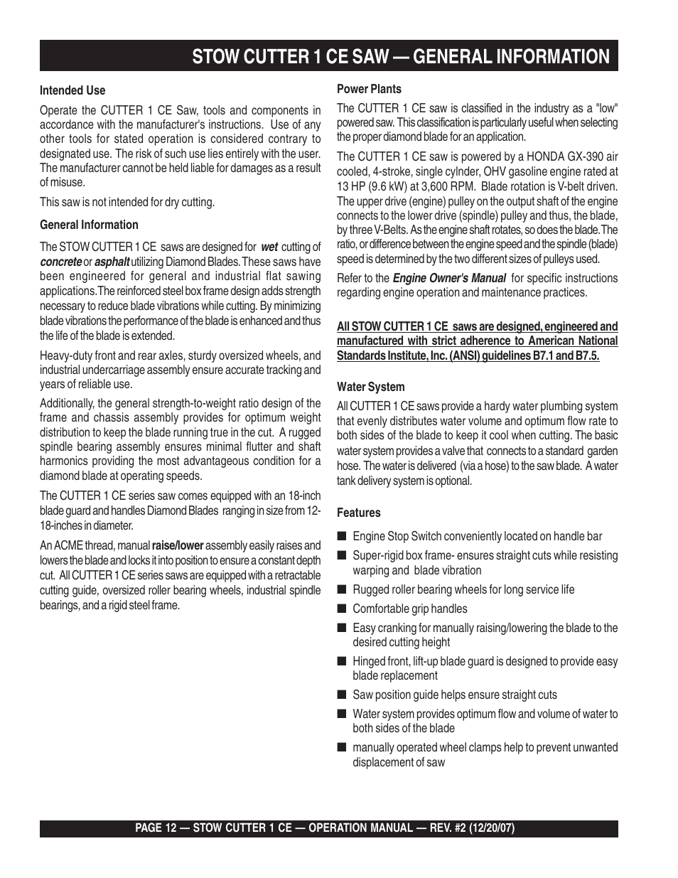 Stow cutter 1 ce saw — general information | Multiquip CD6CE13H18 User Manual | Page 12 / 34