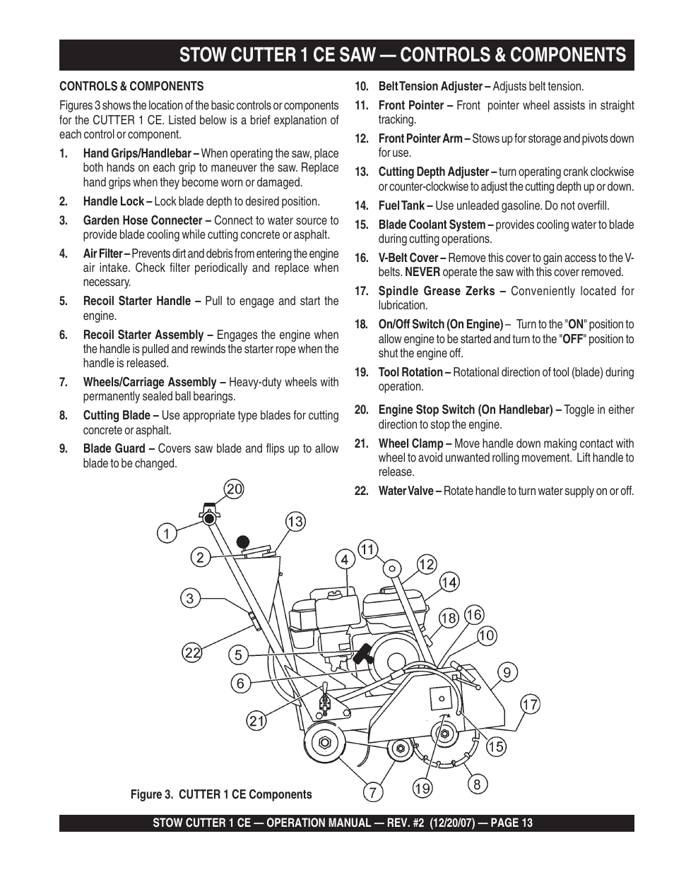 Stow cutter 1 ce saw — controls & components | Multiquip CD6CE13H18 User Manual | Page 13 / 34
