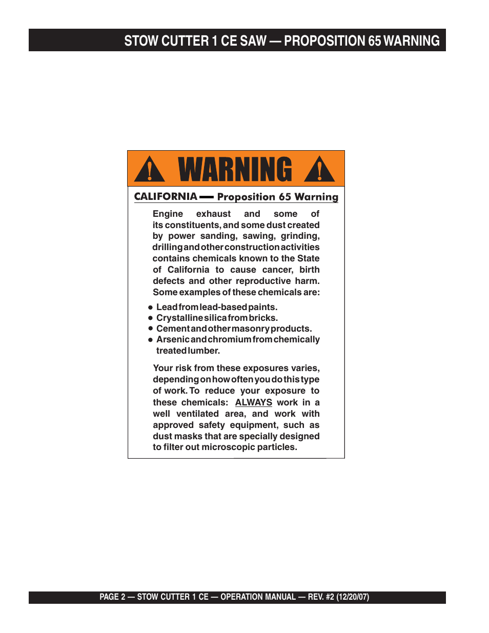 Stow cutter 1 ce saw — proposition 65 warning | Multiquip CD6CE13H18 User Manual | Page 2 / 34